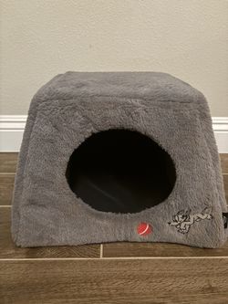 Disney gray plush covered cat bed featuring a Pluto design and embroidered