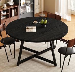 59" Round Dining Table for 6-8, Modern Kitchen Table with Steel Base, Dining Room Tables for Kitchen, Black