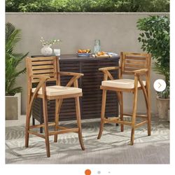 New In Box 2 Outdoor Wooden Barstools With Cream Cushion 