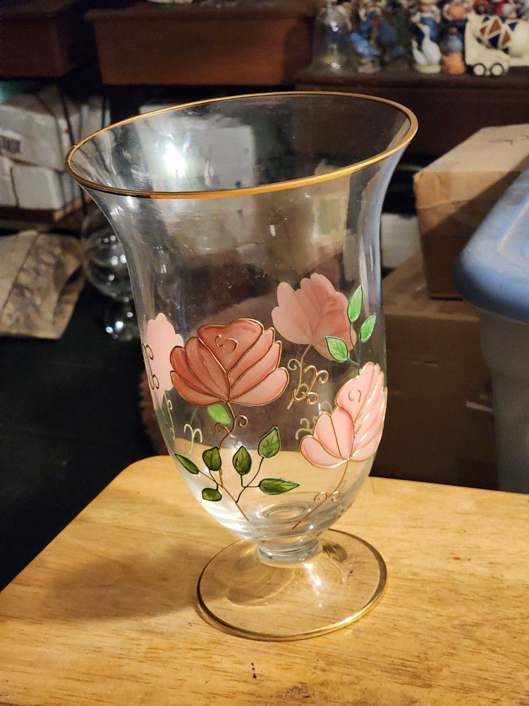 Crystal clear Handcrafted Vase Made in Romania Floral Enamel Painted Glass It is very, very beautiful Pick up only