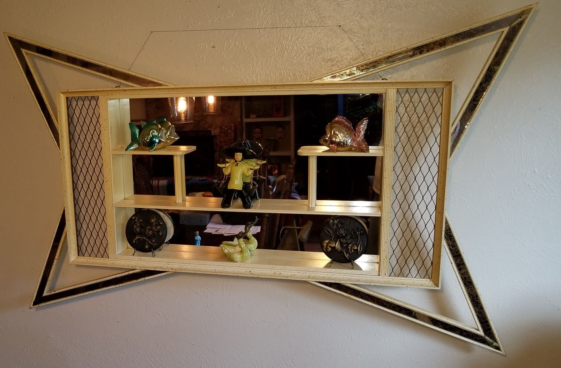 Mid Century Modern Atomic Shadow Box with Shelves and Back Mirror by Illinois Mo