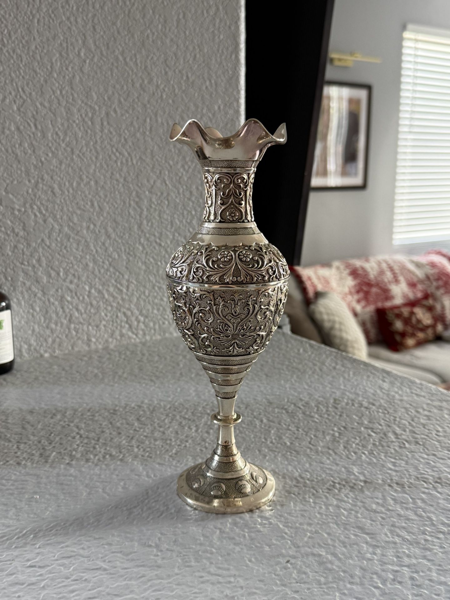 Ornate Silver Tone Metal Vase