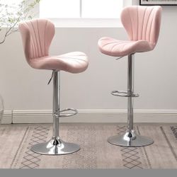 Modern Chic Pink Upholstered Swivel Barstools with Footrest, Set of 2.