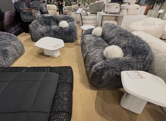Contemporary Dark Gray Faux Fur Sofa and Loveseat