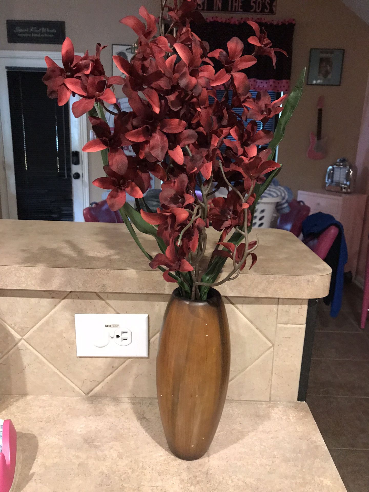 Brown Ceramic Vase with Burgundy Flowers