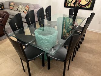 Mid-Century Modernist Stacked Glass Dining Table Two Ice Block Bases - 10 Cattelan Italia Chairs