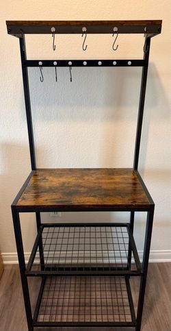 Rustic Industrial Baker's Rack with Hooks