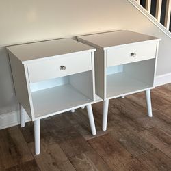 Set of 2 Mid-Century Nightstand with 1 Drawer for Bedroom,White,Adult