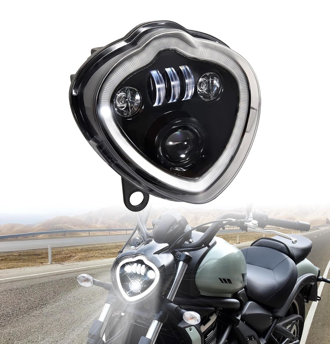 LED Headlights for Kawasaki Vulcan 650 15-25, Projector LED Headlamp Front Lights with High Low bean DRL Halo Ring lights for Kawasaki Vulcan S 650 EN
