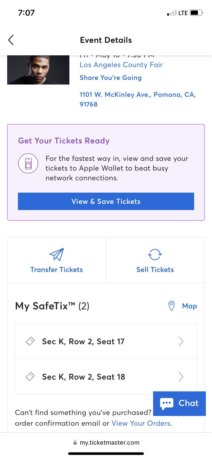 2 tickets for nelly and ti concert in pamona friday night 5/10