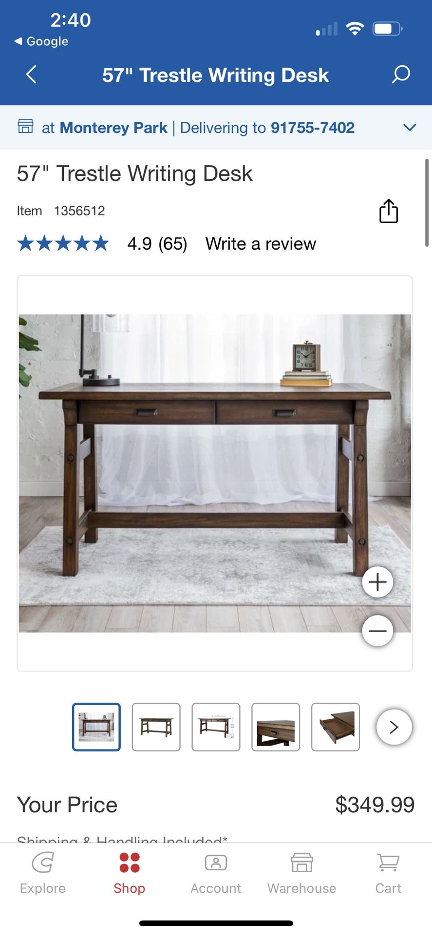 57" Trestle Writing Desk
