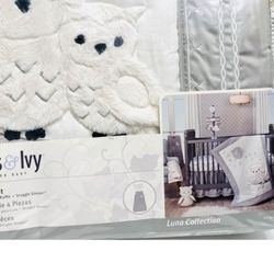 New 4 Piece Baby Crib Set, Lambs & Ivy "Luna" White & Gray, Owl