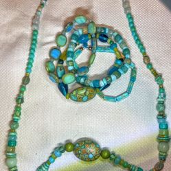 Turquoise Stone, Ceramic, Glass Beaded Necklace And Bracelets