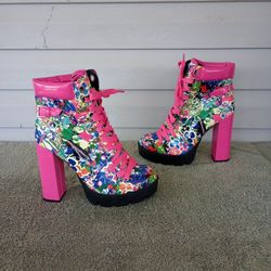 Women's Platform Combat Boots Round Toe Chunky Block High Heel Lace Up Size 9