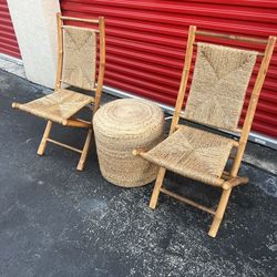 Bamboo folding chair with a woven rush or rattan seat as nd round console