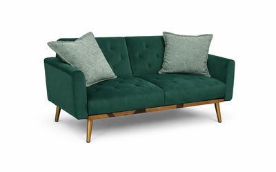 Emerald Green Velvet Sofa – Mid-Century Modern w/ Gold Legs 