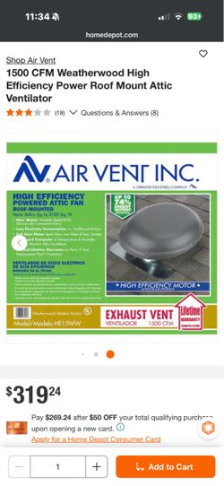 ⭕️ Air Vent HE15WW 1500 CFM High Efficiency Roof Mount Attic Fan – New Open Box