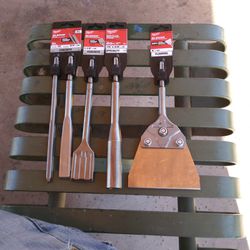 Brand New Milwaukee SDS PLUS Chisels, Ground Rod Driver And Floor Scraper.