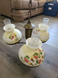 Antique Vintage Chandelier With Painted Glass And Glass Chimneys