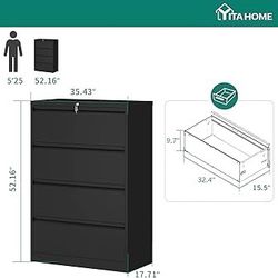  4 Drawer Metal Lateral Filing Cabinet, Stainless Steel Wide Lateral File Cabinet with Lock for Legal/Letter A4 Size, Assembly Required，Office Organiz