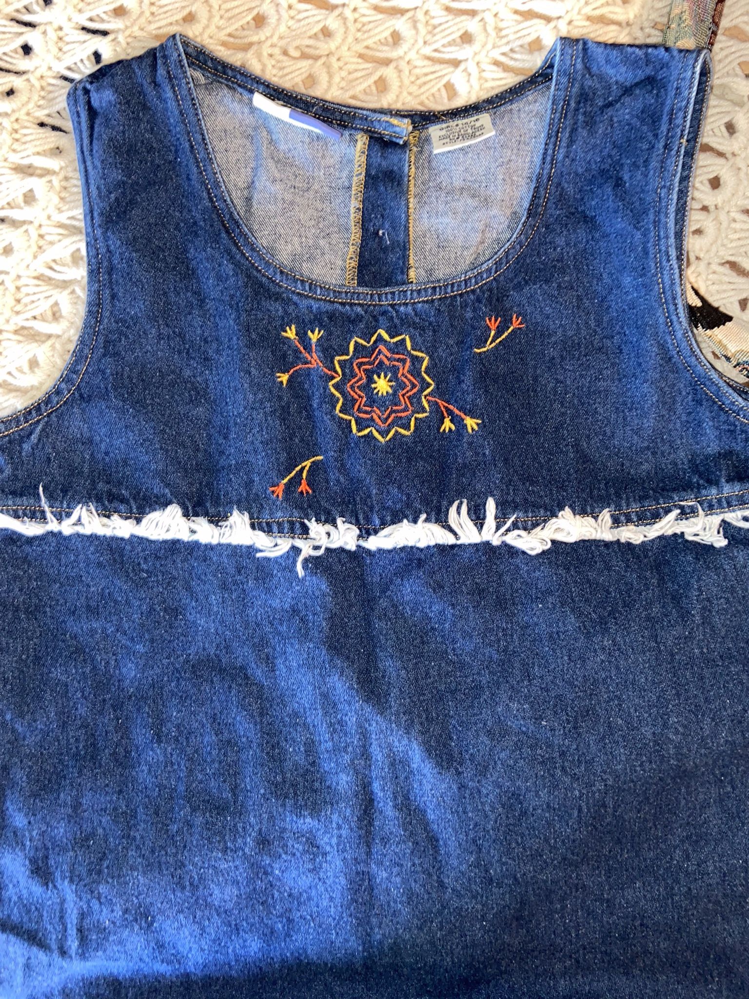 Faded Glory Girls 14/16 Denim Jumper Dress Embroidered Boho Western