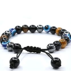 Mens triple Crystal Protection Bracelet Handmade Black Obsidian Blue Tiger Eye