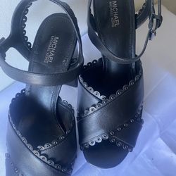 Mochae Michael Kors Jessie Black Leather Sandals Heel Sz: 8 Women's New  Leather With Scalloping And Metal Rivets Defects Some Little Damage Inter  