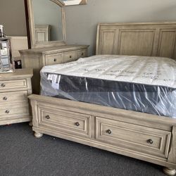 Rustic Grey Farmhouse Queen Or King Bedroom Set With Storage 4pc 