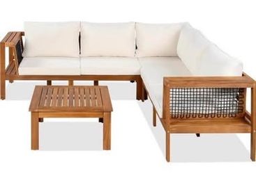 New Assembled Outdoor Acacia Wood L-Shaped Sofa Furniture Set w/ Coffee Table Woven Mesh Armrests