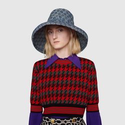 Gucci GG Large Wide Brim Canvas Denim Monogram Jacquard Beach Bucket Hat New