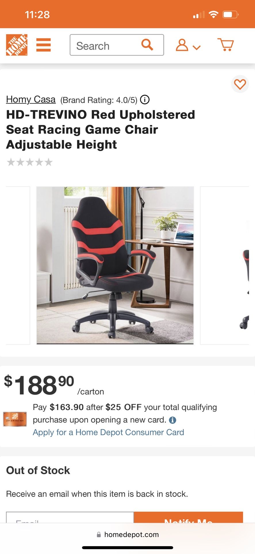 Red Upholstered Seat Racing Game Chair