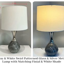 Gray & White Swirl Patterned Glass & Silver Metal Lamp with Matching Finial & White Shade