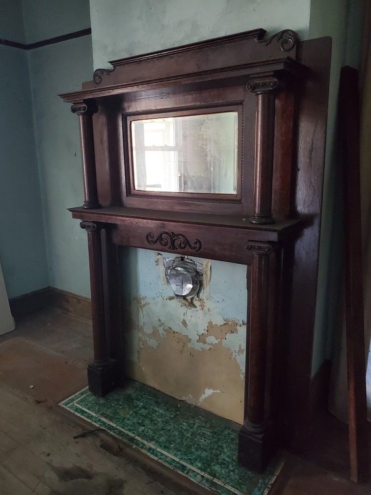 Antique Victorian Wood Fireplace Mantel Surround With Mirror