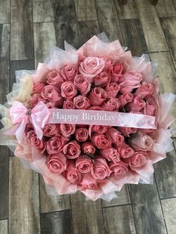 Large Pink Rose Bouquet with Ribbon