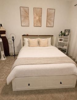 New white Queen Size Murphy Cabinet Bed with Storage Drawer & mattress
