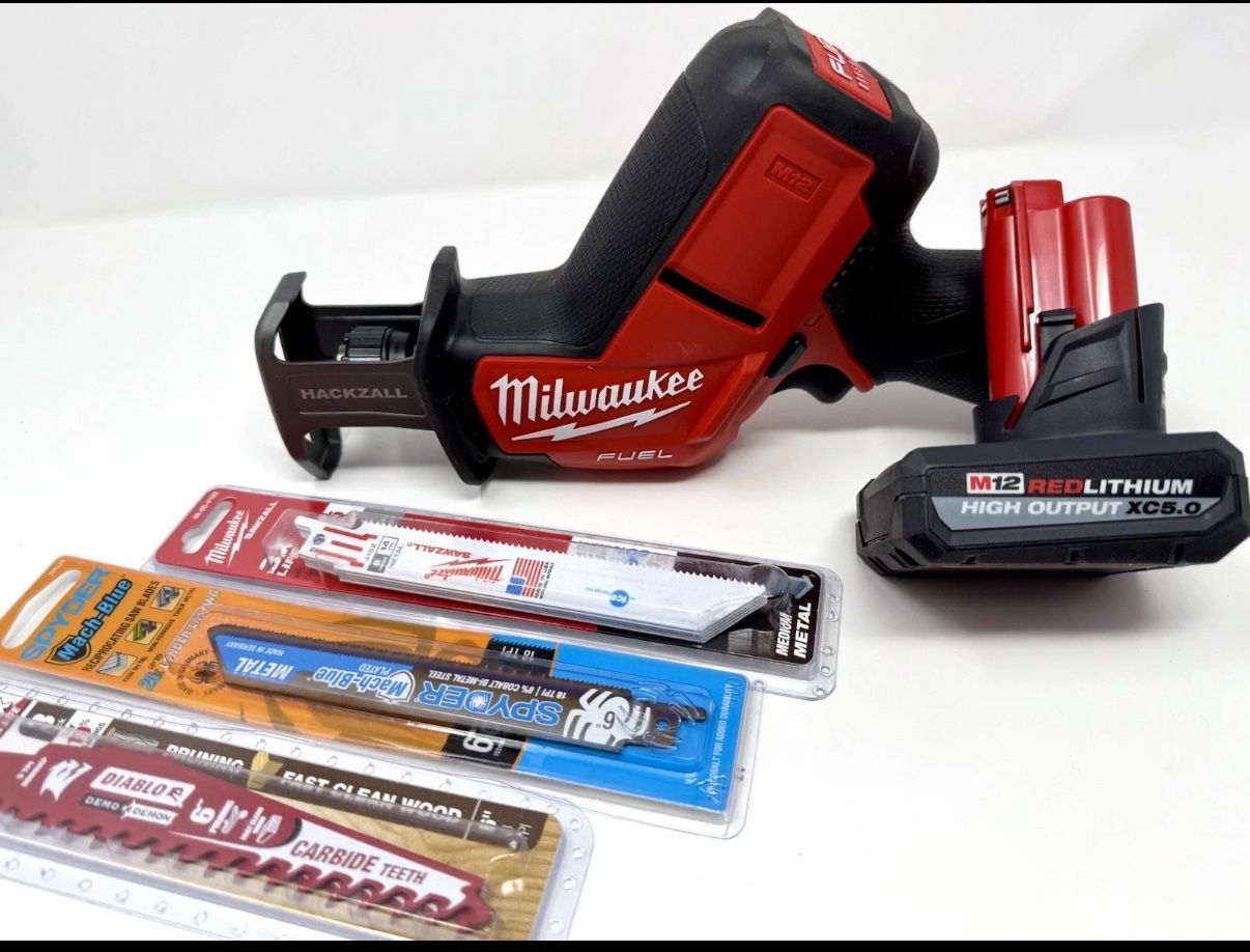 Milwaukee M12 FUEL Hackzall Recip Saw +High Output 5.0Ah Battery +10 Blades