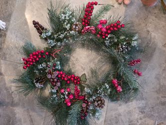 20" decorative wreath with pinecones and red berries. FROSTED woodland accents!!