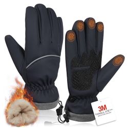 Winter Gloves for Men Women, Waterproof Windproof Anti-Slip 10 Fingers Touch (L) Blue