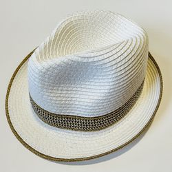 Men Women Summer Fedora Straw Hat White/Gold