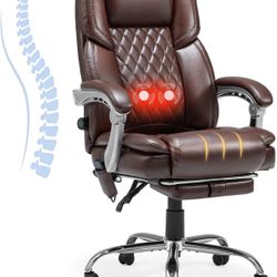 2-Point Massage Office Chair with Lumbar Support, Heated Executive Office Chair with Reclining Backrest, Computer Gaming Chair for Home Office, Brown