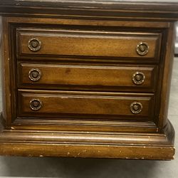 Brandt Side Table, Nightstand, Three Drawer Unique Rare Imperfections. Used in good condition with some cosmetic blemishes. These blemishes are in the