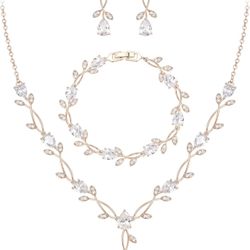 Bridal Cubic Zirconia  Sets for Women, White Simulated Pearl Leaf Vine Pendant Wedding Party Necklace Earrings Set for Bridesmaid Bride