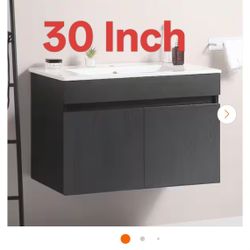 30 in. W Single Sink Floating Black Solid Wood Bath Vanity with White Ceramic Top