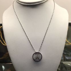 14k White Gold 17” Chain With Peace Pendant Set With Sapphire’s & Diamonds 💵  💳  💵  Cash and Card Accepted 6.2 Grams 