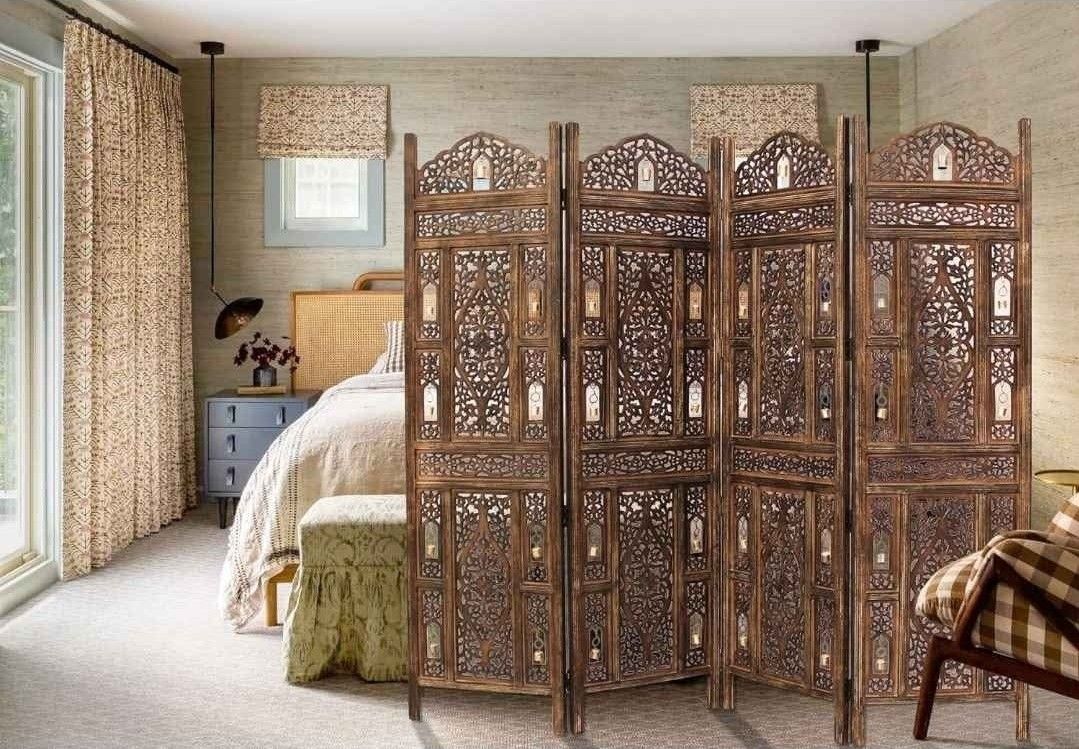 🔥🔥 Very Classy HandCarved Ghanti Bells 4 Panel Traditional Room Divider Privacy Screen