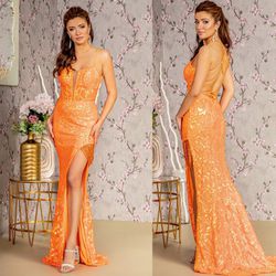 New With Tags Beaded Sequin Corset Bodice Orange Long Formal Dress & Prom Dress $219