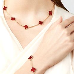 Jewelry 18K Yellow Gold Carnelian 10 Motifs red clover 17” Necklace
