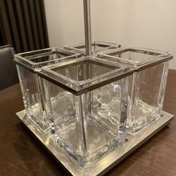 Godinger Flatware Caddy, Thick Clear Glass, Metal Base, 7.5”x7.5” 
