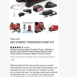 POPULO Hybrid Water Transfer Pump, 120VAC or 20VDC 4Ah 325GPH 45ft Portable Electric Utility Pump, Electric Cordless Water Pump for Home