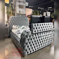 Gray color Velvet king & Queen Bedframe with TV Lift & Fireplace
